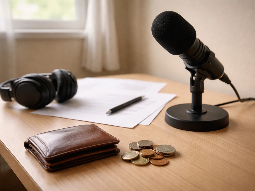Studio microphone and headphones beside coins on a desk, symbolizing voice acting earnings comparison.