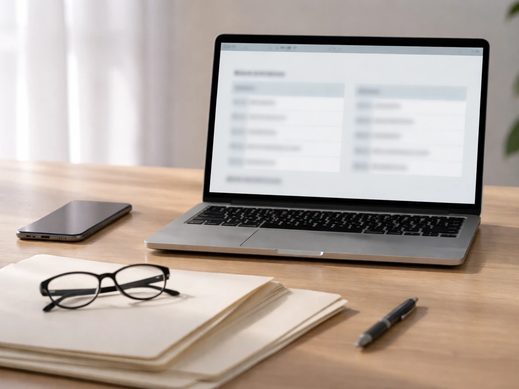 Minimal office desk with documents and a laptop showing blurred financial identity fields side by side
