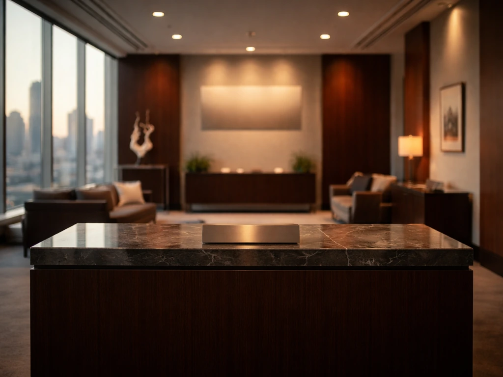 Minimal modern financial office interior with skylit windows and softly lit signage placeholder.
