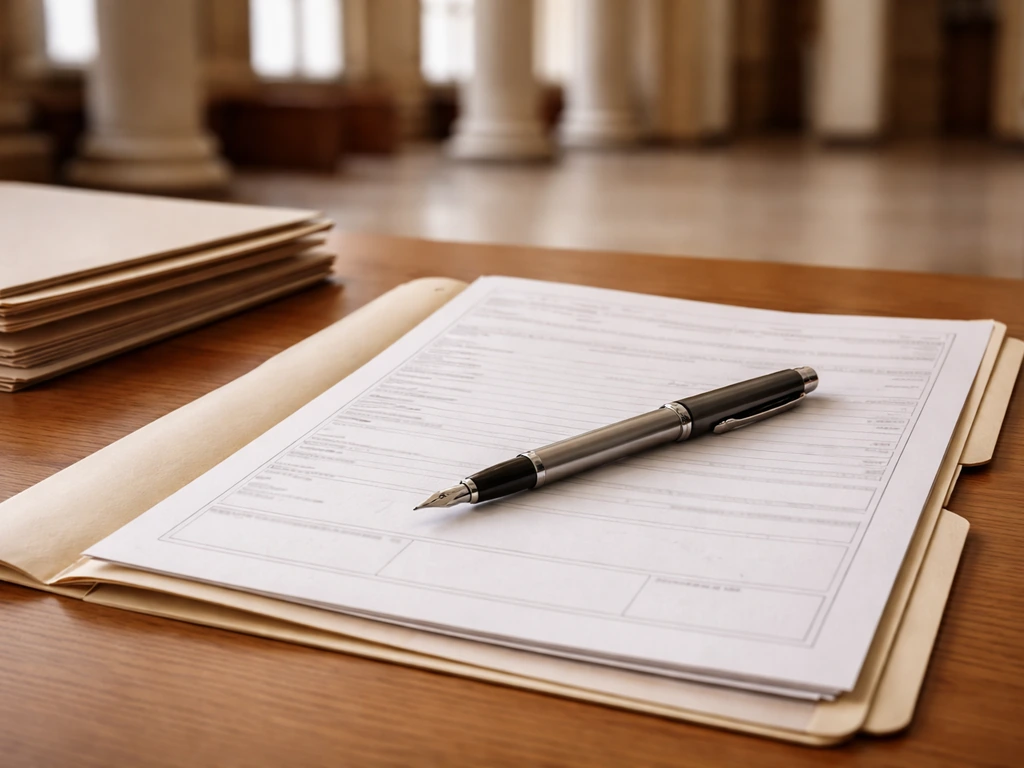 Close-up of a courthouse records desk with neatly filed real-estate documents and a pen