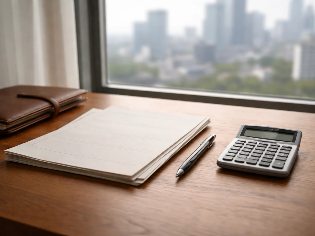 Minimal desk scene with blank finance worksheets, calculator, and notebook suggesting net worth assumptions