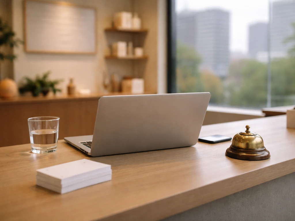 Minimal business desk with laptop and subtle city view, symbolizing the Columbus entrepreneur context.