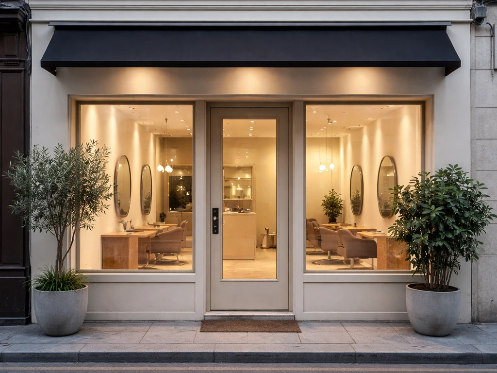 Minimal photo of a salon storefront entrance with a single bright window, symbolizing business ownership and growth.