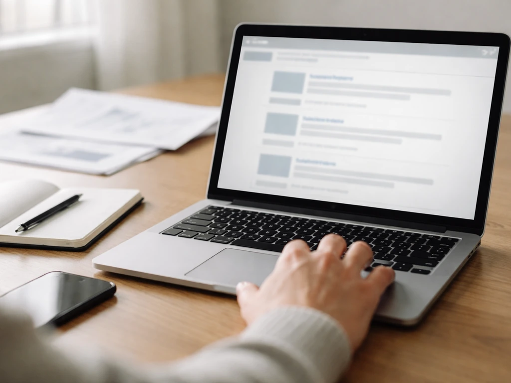 Anonymous desk scene with laptop showing blurred business registry search results blocks.