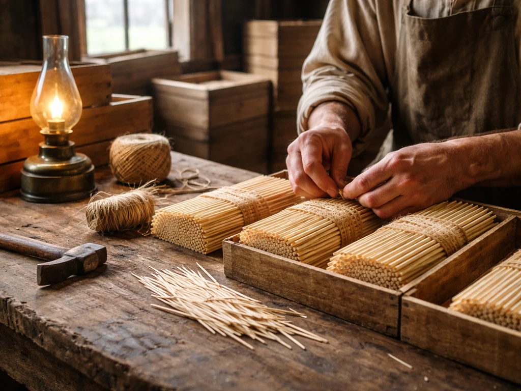 19th-century toothpick workshop in Maine with wooden toothpick bundles and old tools