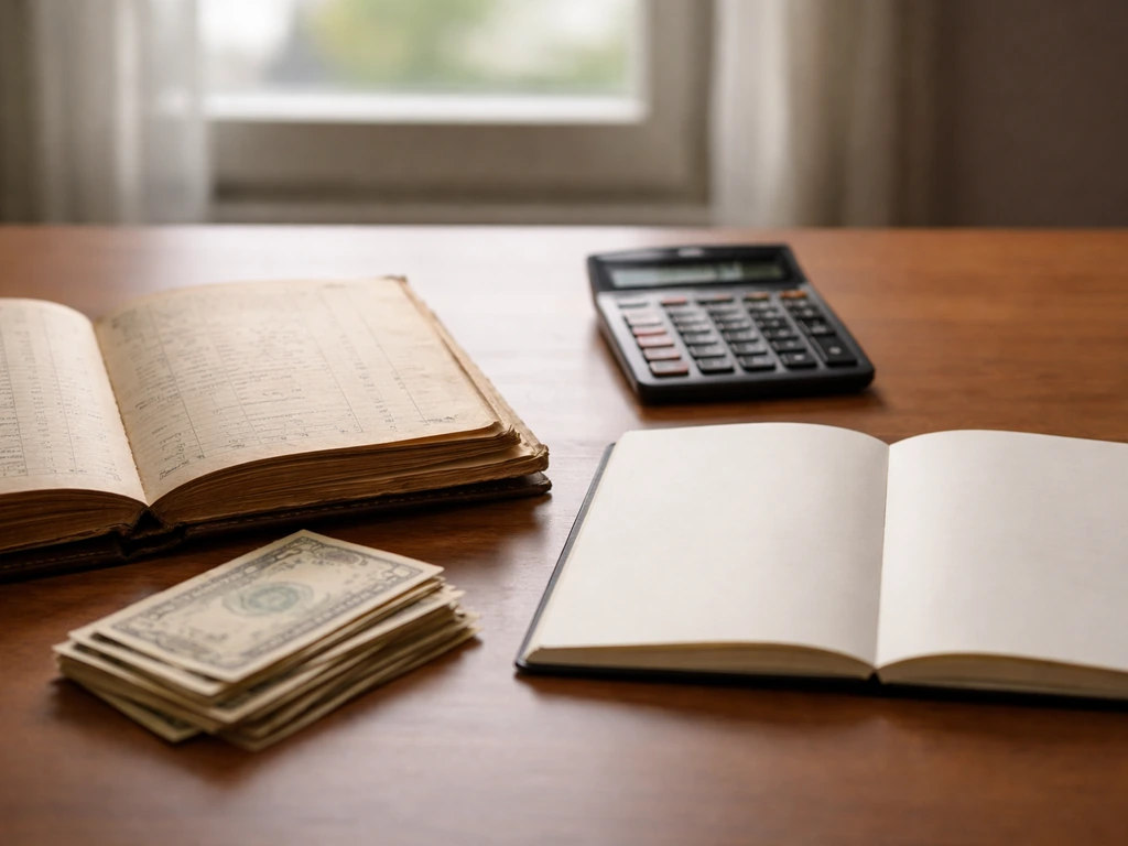 Minimal photo of an old ledger and a modern calculator on a desk, symbolizing past vs inflation-adjusted values.