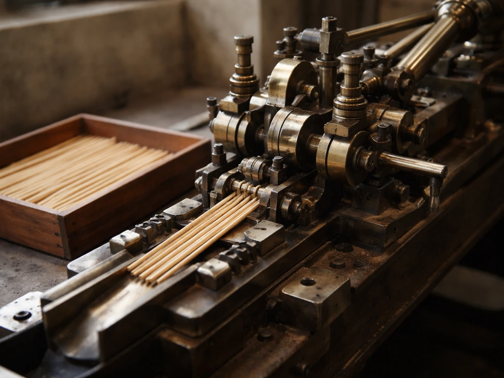 Close view of an antique-style toothpick-making machine with metal parts and spindles in a workshop