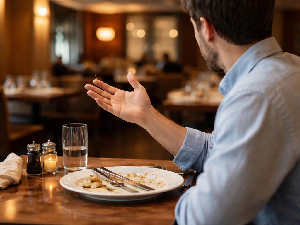 Patrons in a quiet restaurant dining room signaling for toothpicks after finishing a meal