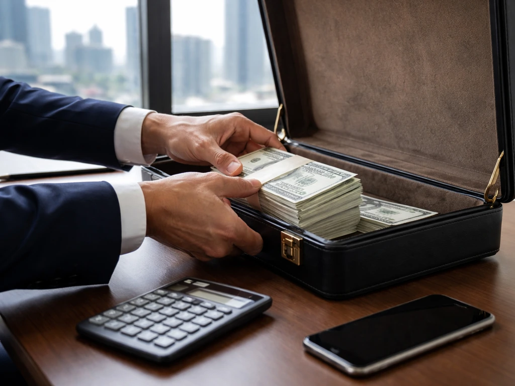 Anonymous hands placing cash into a briefcase on an office desk by a calculator, city skyline blurred behind