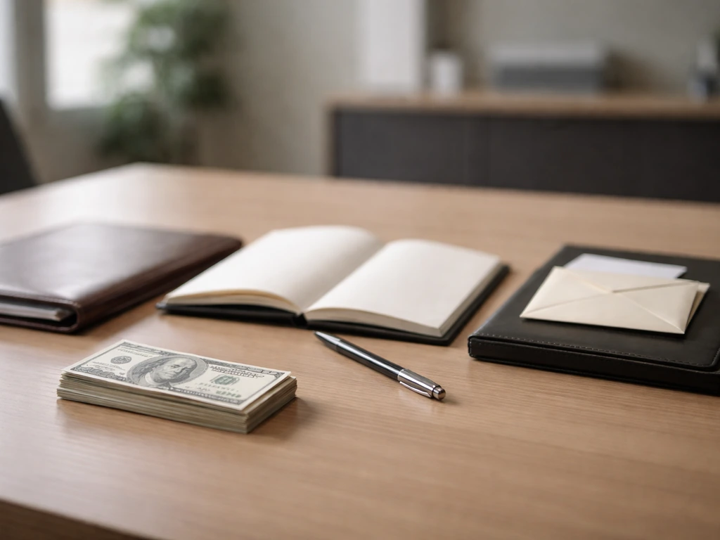 Minimal photo of a physician office desk with cash, a folder, and a notebook suggesting assets and liabilities.
