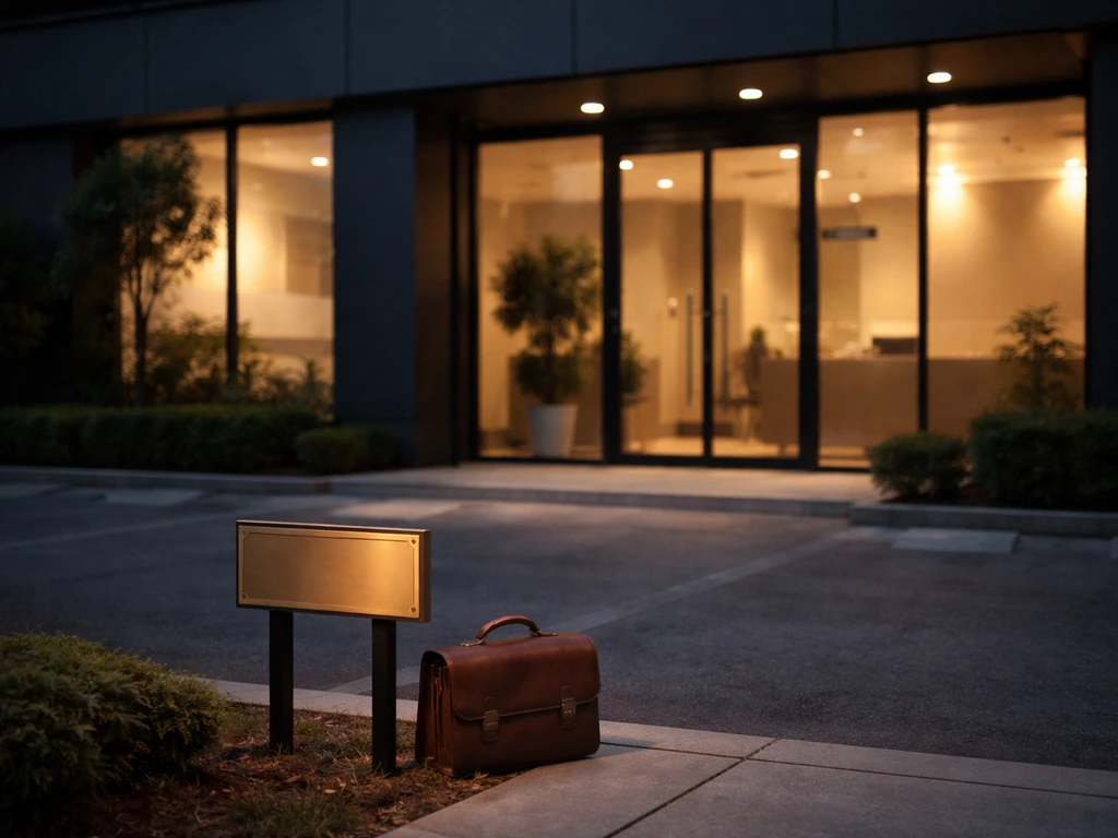 Quiet dusk photo of a generic medical clinic storefront with a briefcase, signaling business interests.