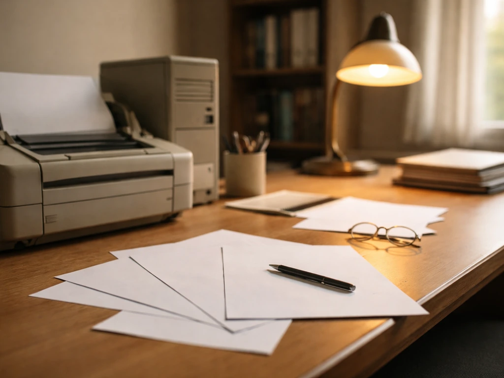 Minimal office scene with a vintage printer and computer gear, symbolizing PostScript and early computing research.