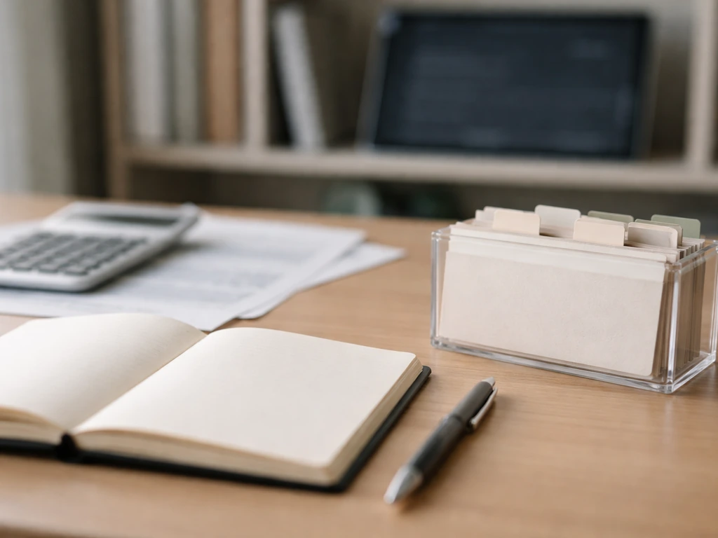 Desk with blank notebook and finance items, symbolizing credible net-worth range without any text.
