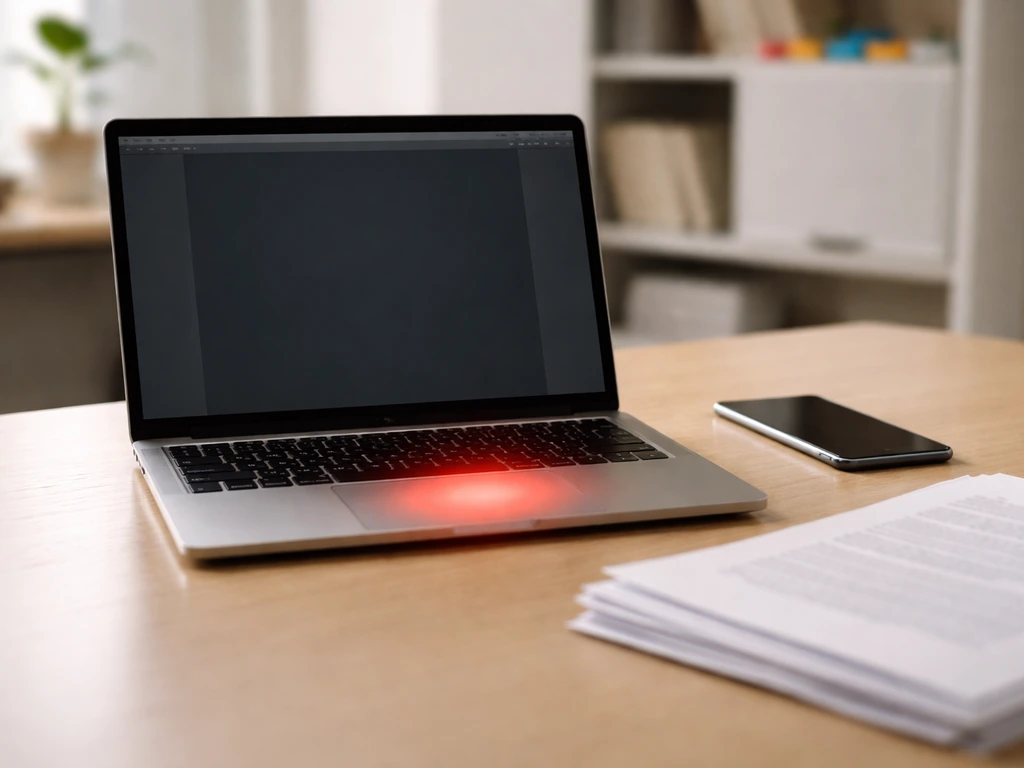 Minimal desk scene with laptop and papers, suggesting researching SEC filings without showing text or people.