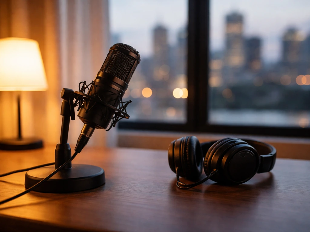 A quiet studio desk with a microphone and a softly lit city view, symbolizing a media career and wealth curiosity.