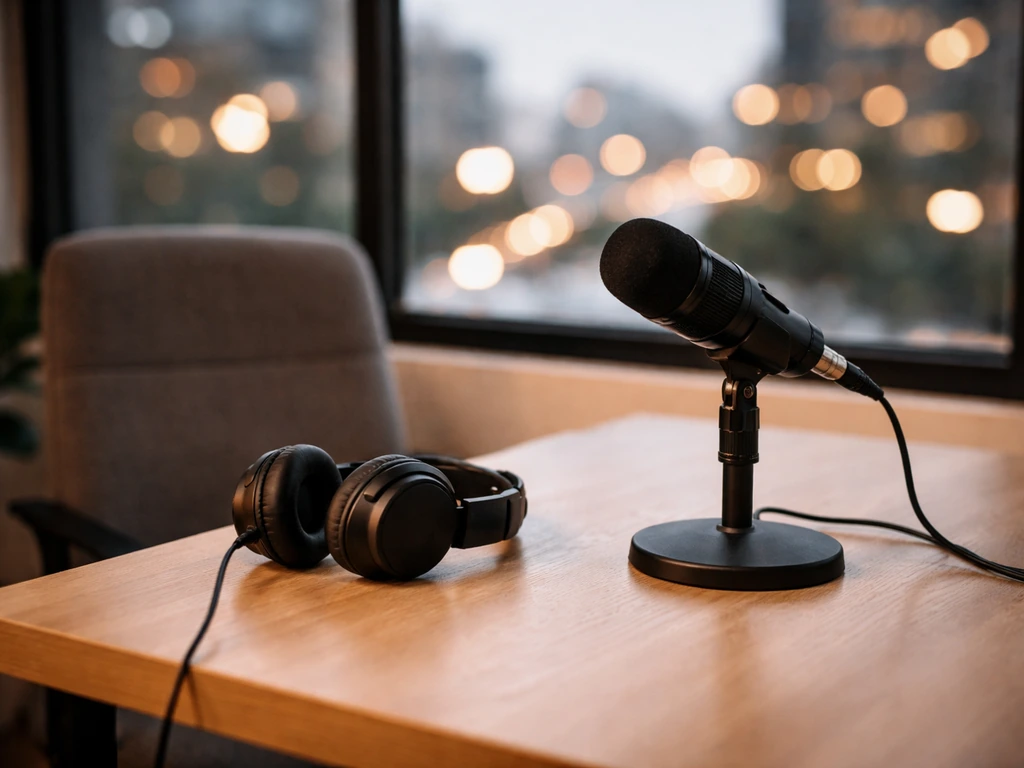 A quiet recording studio desk with microphone and soft city lights, suggesting a career path