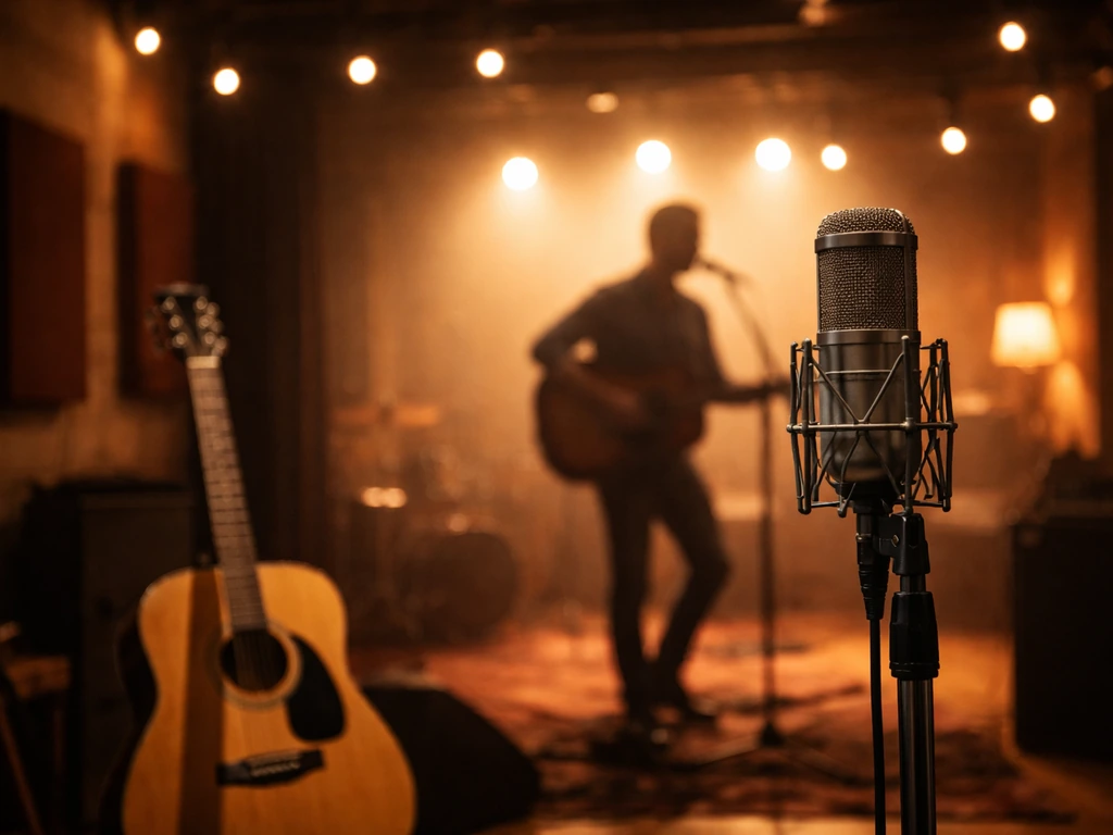 Warm-lit music rehearsal set with a guitar and studio microphone, minimal background blur.