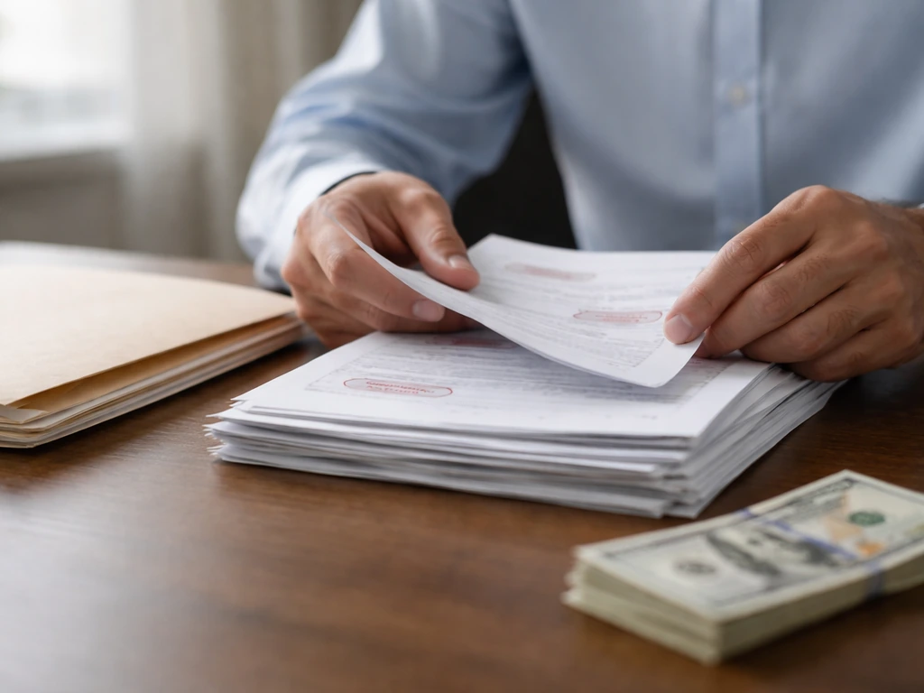 Close-up of hands sorting case documents and currency in a neutral office setting