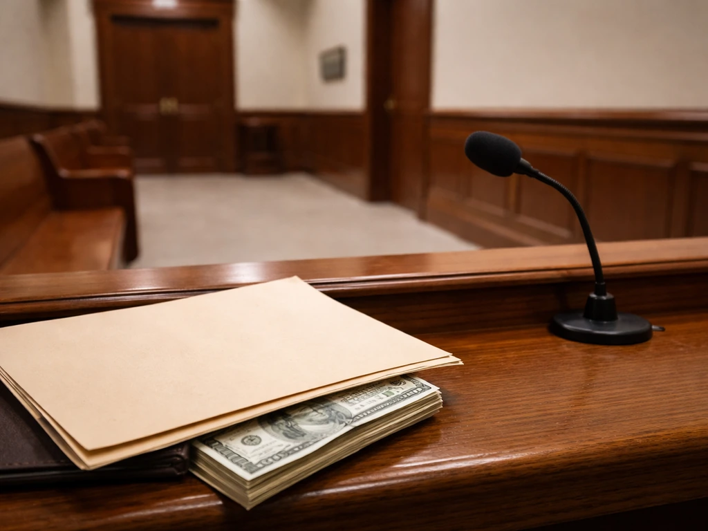 Quiet courthouse hallway with legal folder, subtle cash, and a microphone—no people visible.