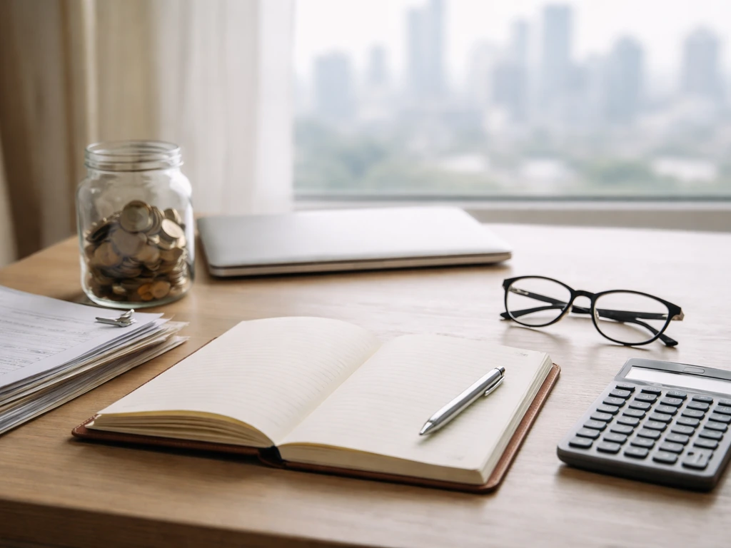 Minimal desk scene with blank financial notes, documents, coins, and a laptop implying net-worth estimation.