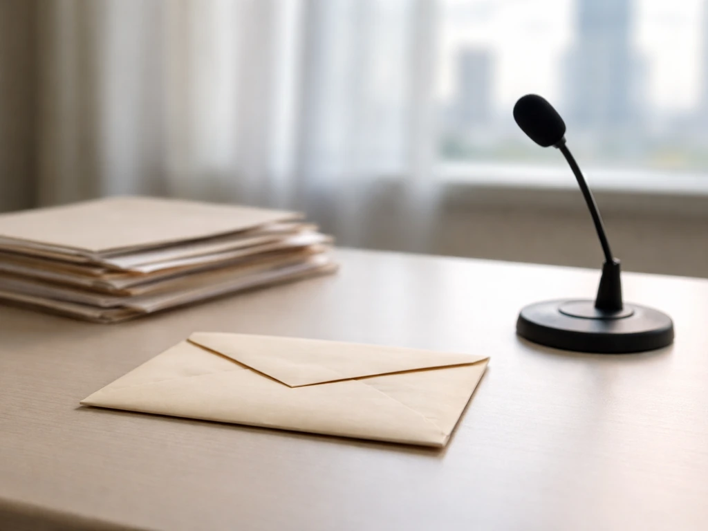 Minimal office desk with documents, a sealed envelope, and a small desk microphone suggesting business assets.