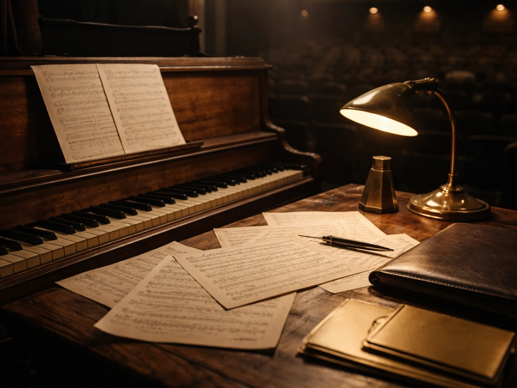 Vintage piano and desk with blank sheet music in a quiet theater rehearsal room, symbolizing Broadway composer royalties