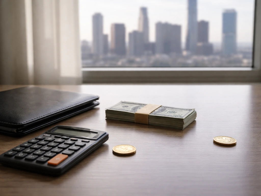 Minimal photo of a desk with a calculator and cash bundles beside blurred city skyline, symbolizing net worth estimates.