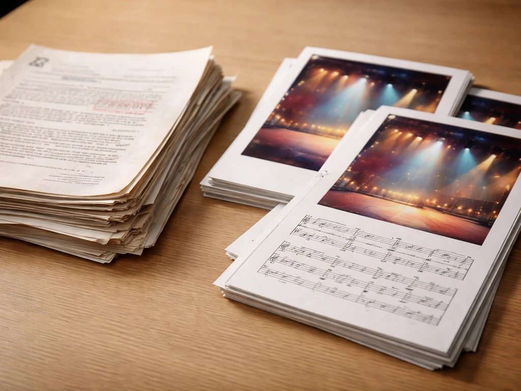 Close-up of theater license paperwork and musical scores related to classic Broadway shows on a desk