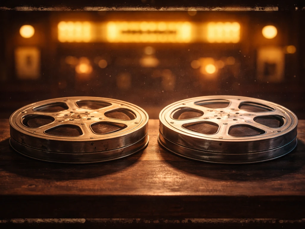Two aged film reels on a dark tabletop in a vintage movie-still frame concept.