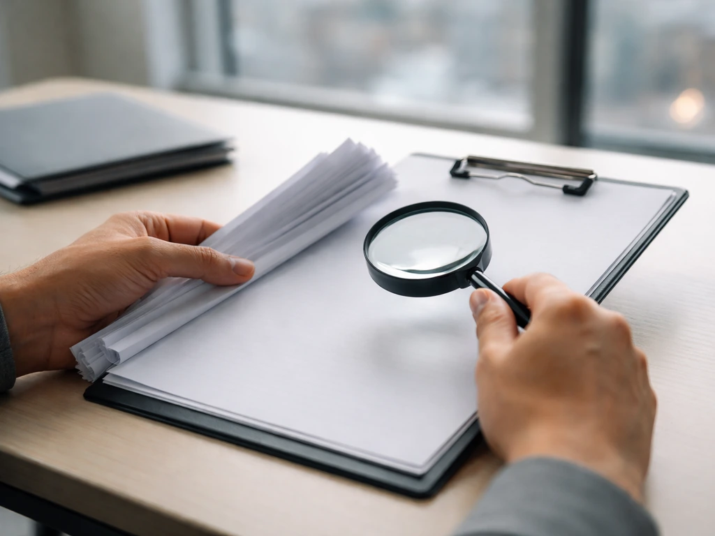 Anonymous hands review printed documents with a magnifying glass on a minimal office desk.
