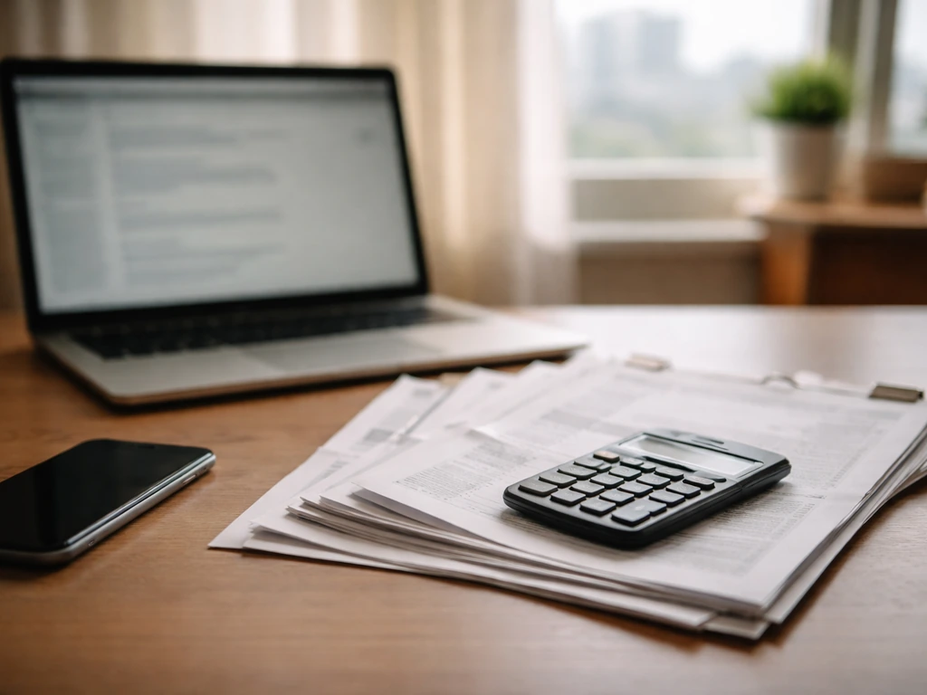 Calculator, financial documents, and a laptop on a desk representing verifying a net worth estimate.