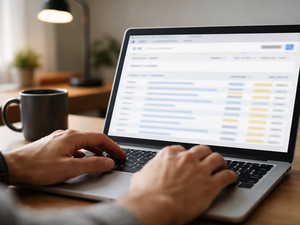 Close-up of a laptop showing blurred SEC-style search results with highlighted fields, finance research mood.