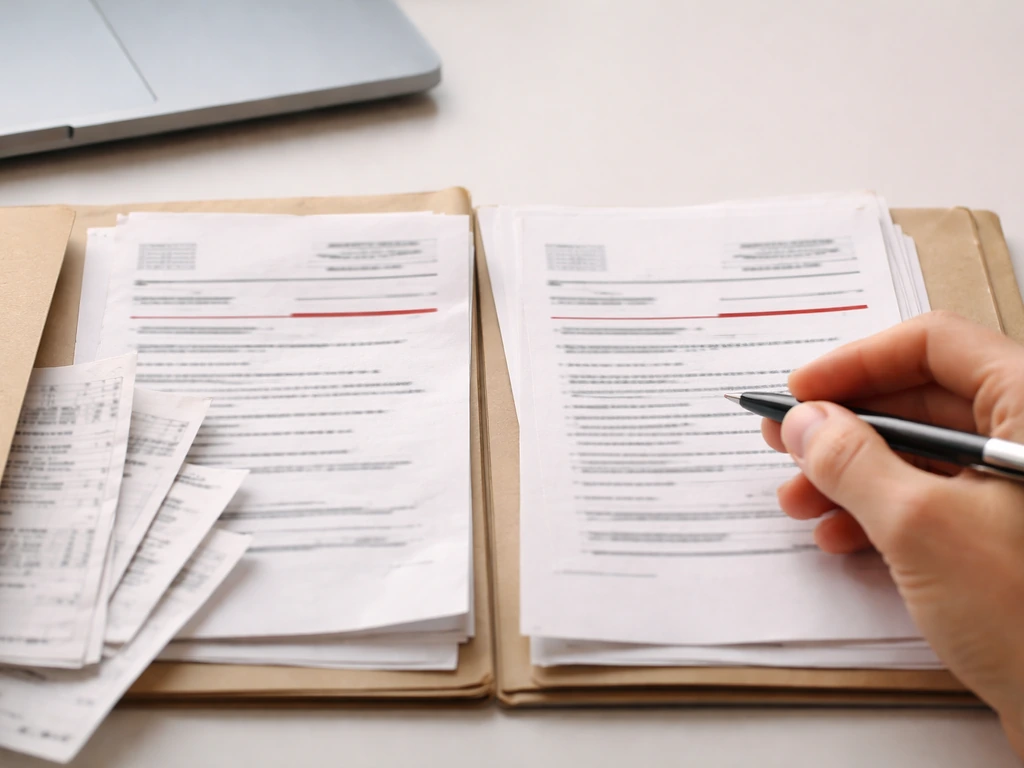 Close-up of a hand holding a pen over printed pages and a calculator, checking dates for financial accuracy.