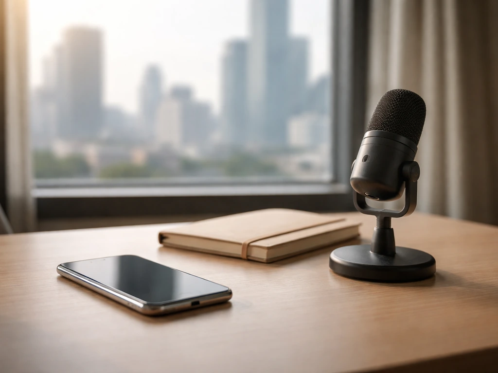 Minimal photo of a desk setup with a smartphone and notebook beside a microphone, symbolizing net-worth sources.