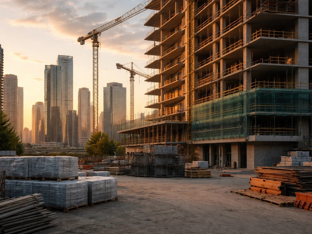 Under-construction luxury office building with cranes and scaffolding at dusk, symbolizing real-estate growth.