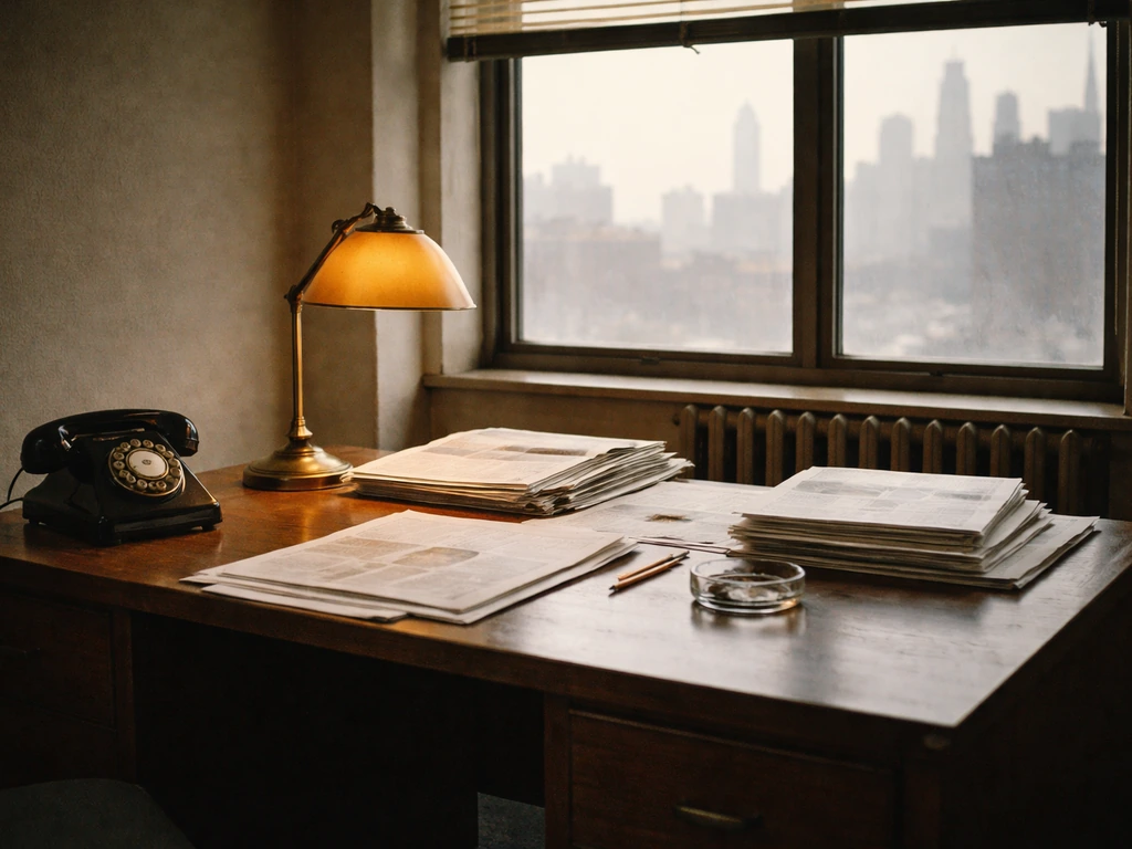 Vintage Chicago newspaper office desk with stacked papers, rotary phone, and city skyline outside.