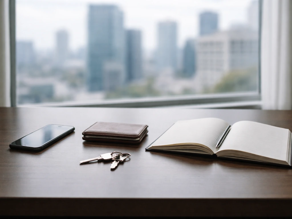 Minimal photo of a desk with a smartphone, open notebook, and a blurred city skyline at window light