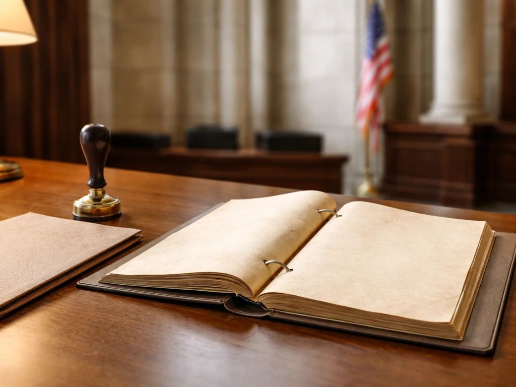 Close-up of open probate record pages on a desk with a courthouse seal stamp nearby, blurred courthouse background.