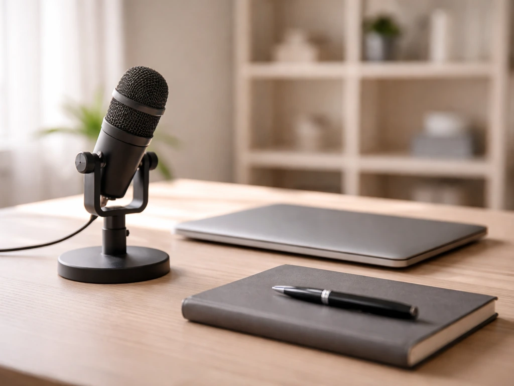 Minimal office scene with a desk microphone and laptop, symbolizing an expert public profile