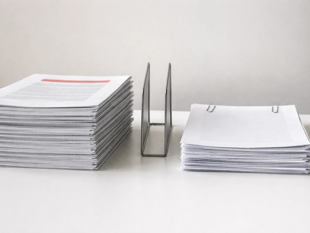 Two stacks of office documents on a desk, split feel of corporate filings vs startup records, no readable text.