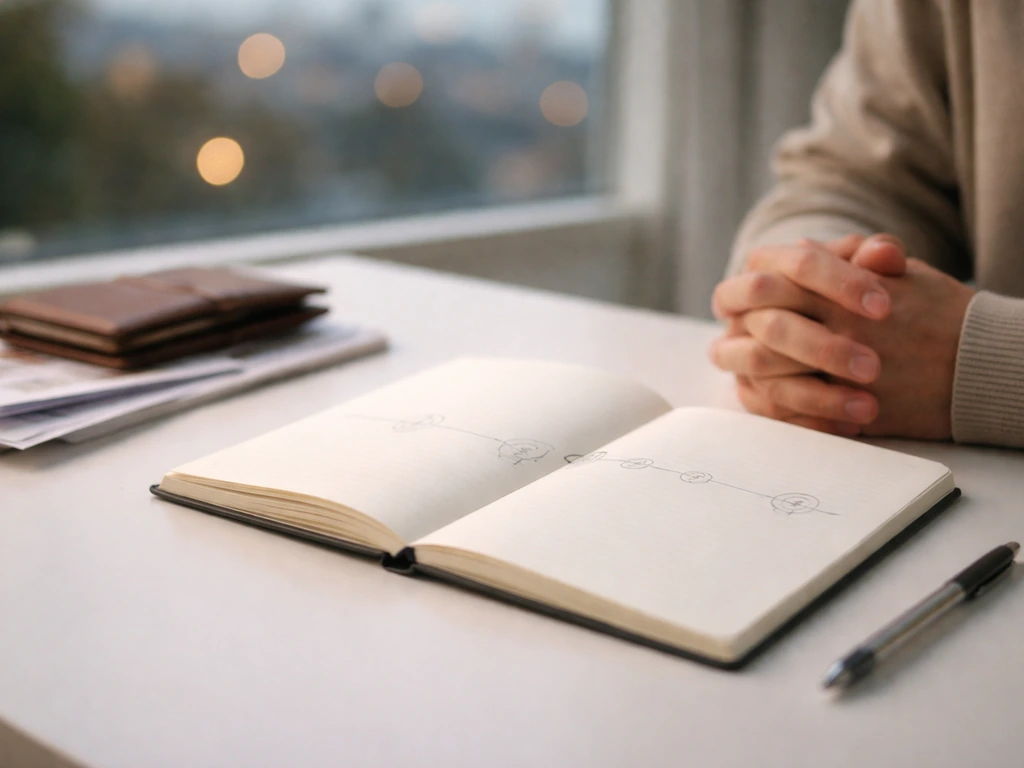 Minimal desk scene with scattered documents and a muted timeline-style notebook, suggesting shifting wealth over time.