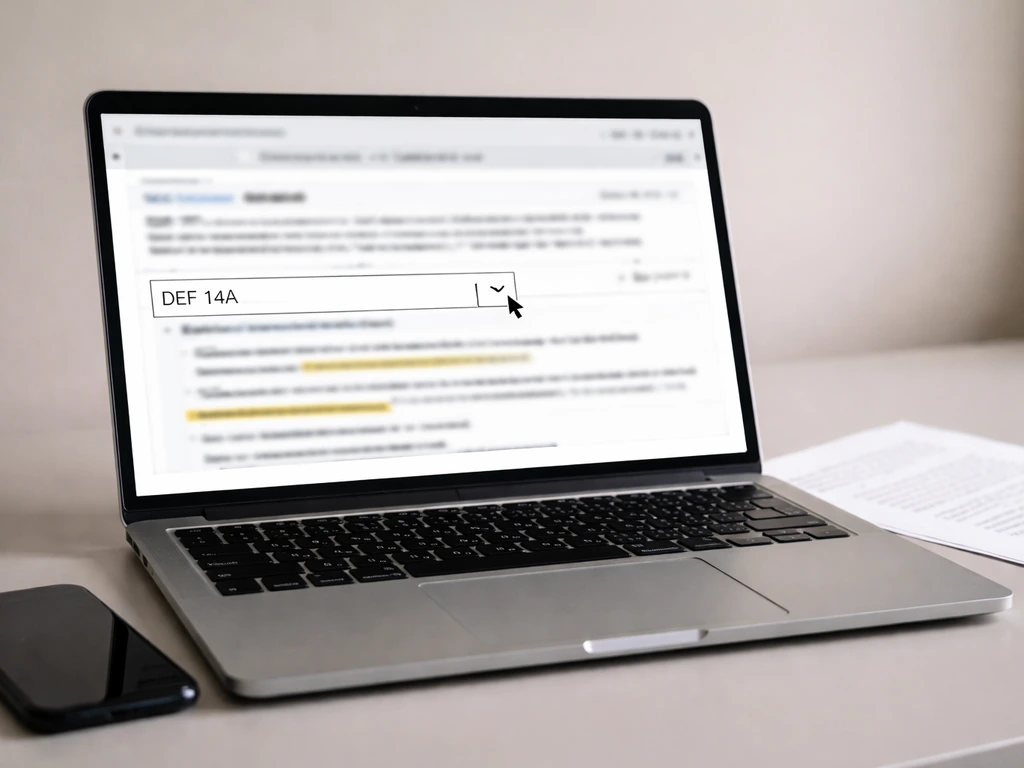 Minimal desk scene: laptop with blurred SEC EDGAR results, cursor over DEF 14A, papers beside it.
