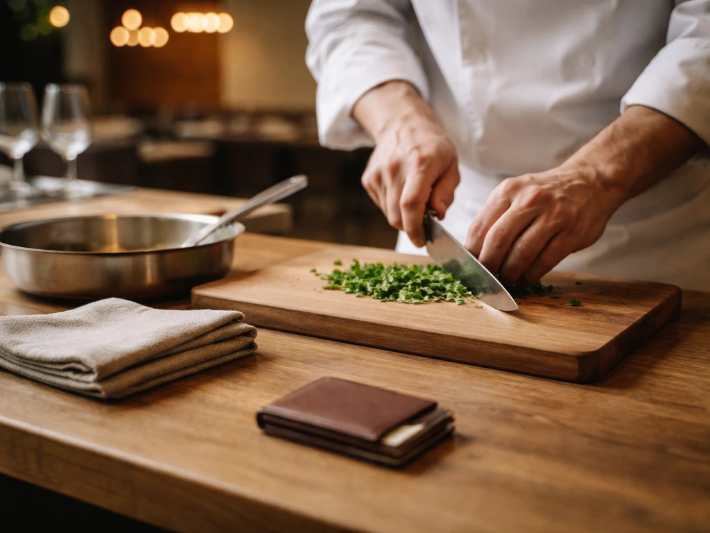 Minimal photo of a chef’s hands preparing food beside a restaurant checkpad and money clip, signaling the chef Charles P