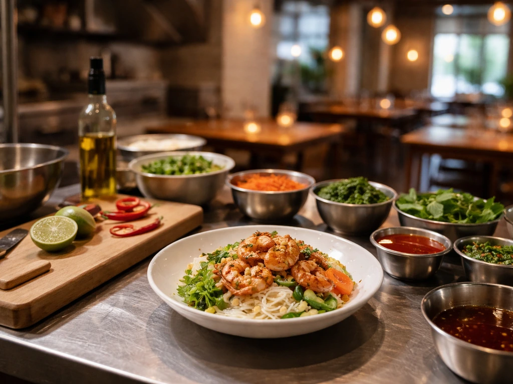 Chef’s station with plated Vietnamese dish and a softly lit restaurant dining room in the background.