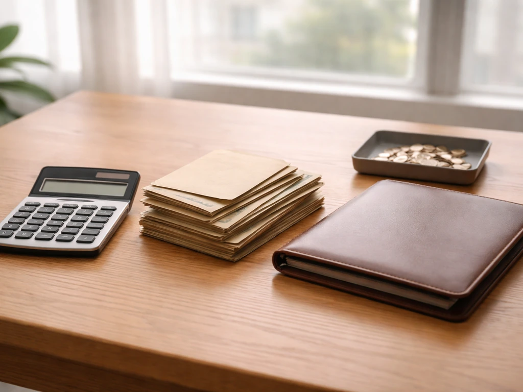 Minimal photo of a tidy desk with a calculator, money envelopes, and a single binder, symbolizing net worth accounting