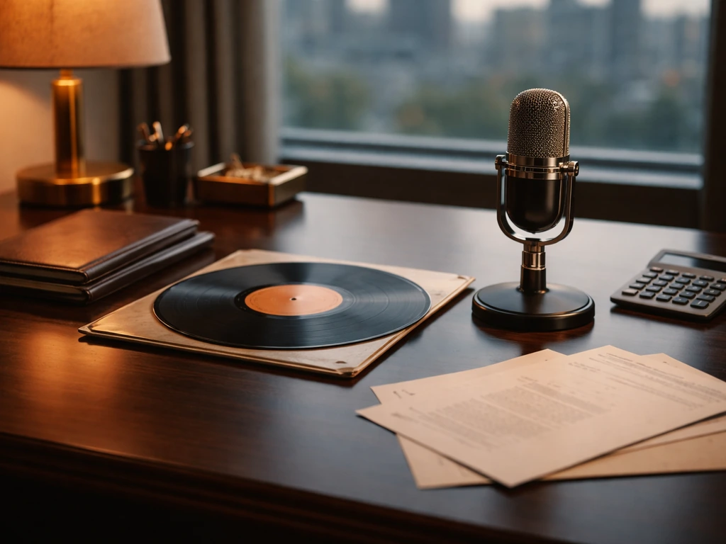 Luxury office desk with music memorabilia, a calculator, and scattered valuation documents suggesting wealth analysis.