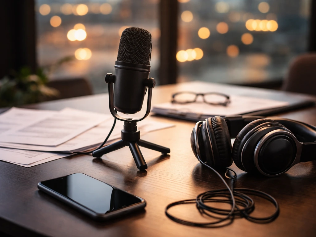 Minimal desk setup with microphone and studio headphones, hinting at a music-business executive world.