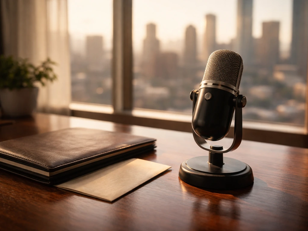 Minimal photo of a luxury music-industry office desk with a microphone and envelope symbolizing wealth comparisons.