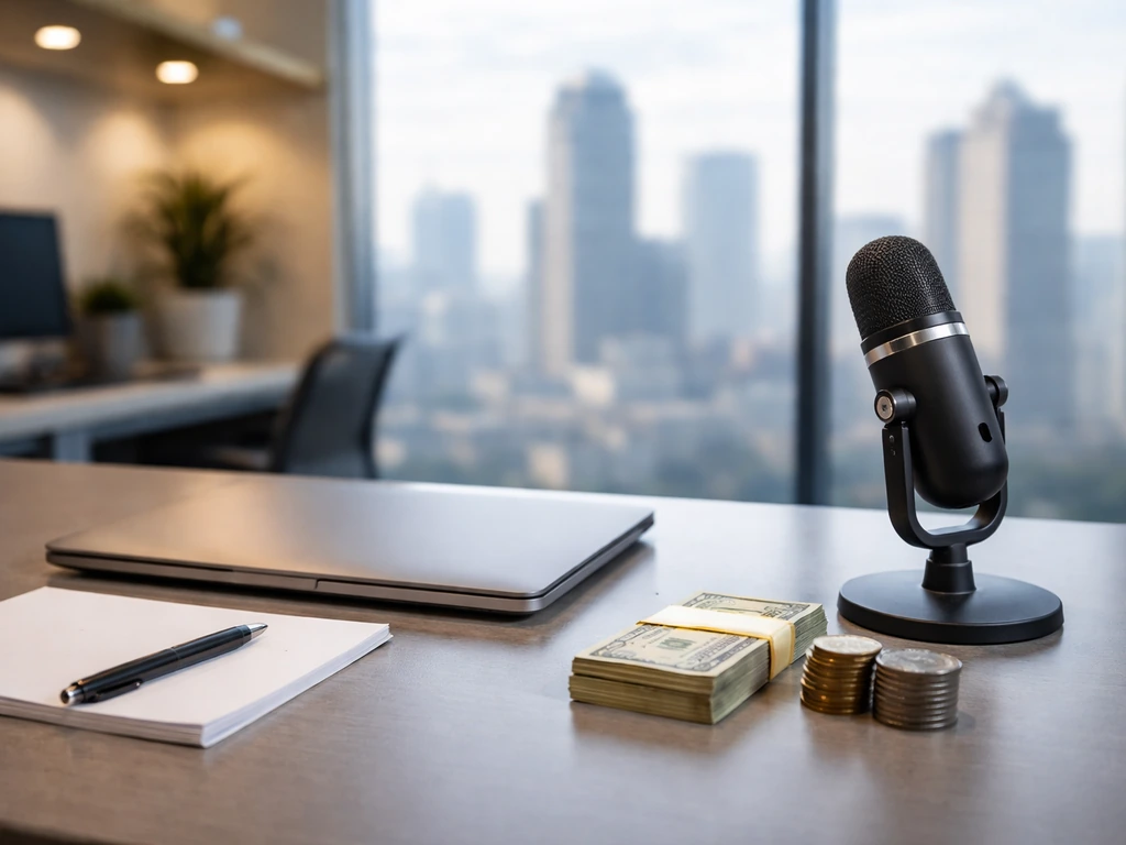 Minimal finance desk scene with laptop, microphone, and coins near a window city view.