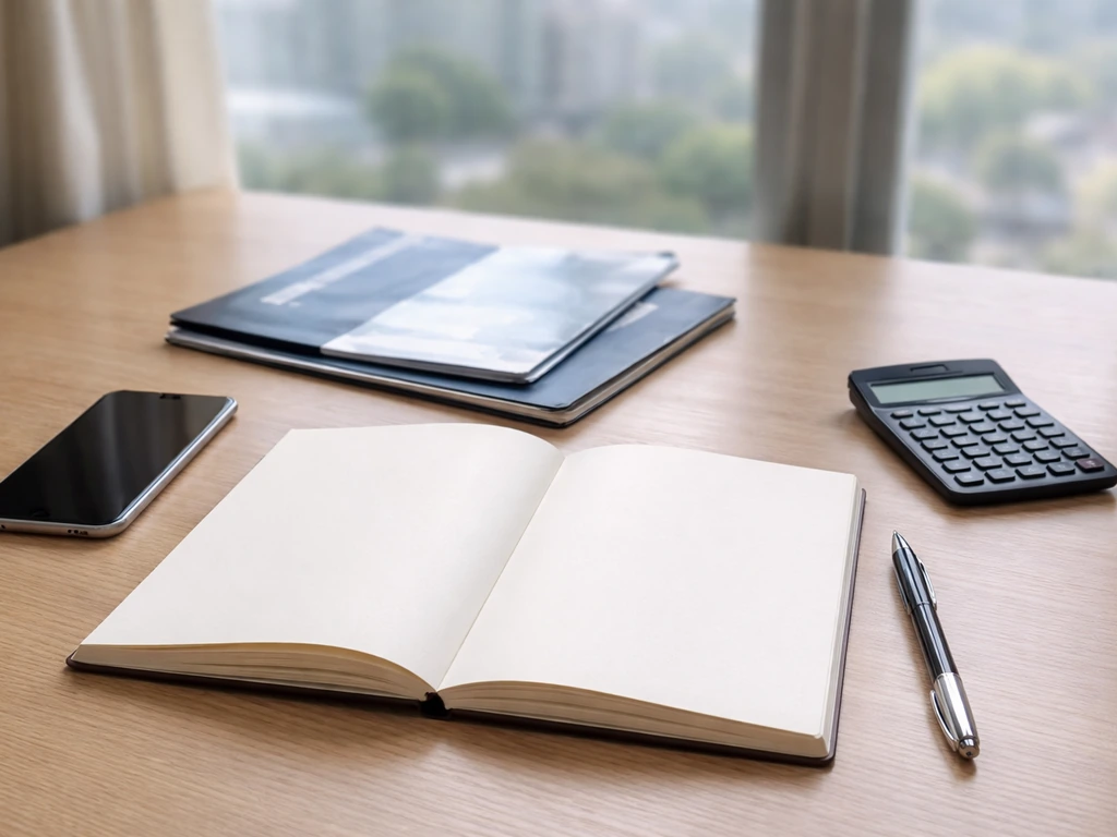 Minimal business desk with calculator, phone, and blank notebook symbolizing a net-worth estimate breakdown.